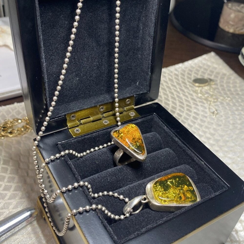 925 Sterling Silver Amber Set – Signed SO – MJI Necklace – Ring Size 8